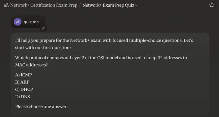 Multiple choice Network+ certification exam question showing four options: ICMP, ARP, DHCP, and DNS. The question asks which protocol operates at Layer 2 of the OSI model to map IP addresses to MAC addresses.